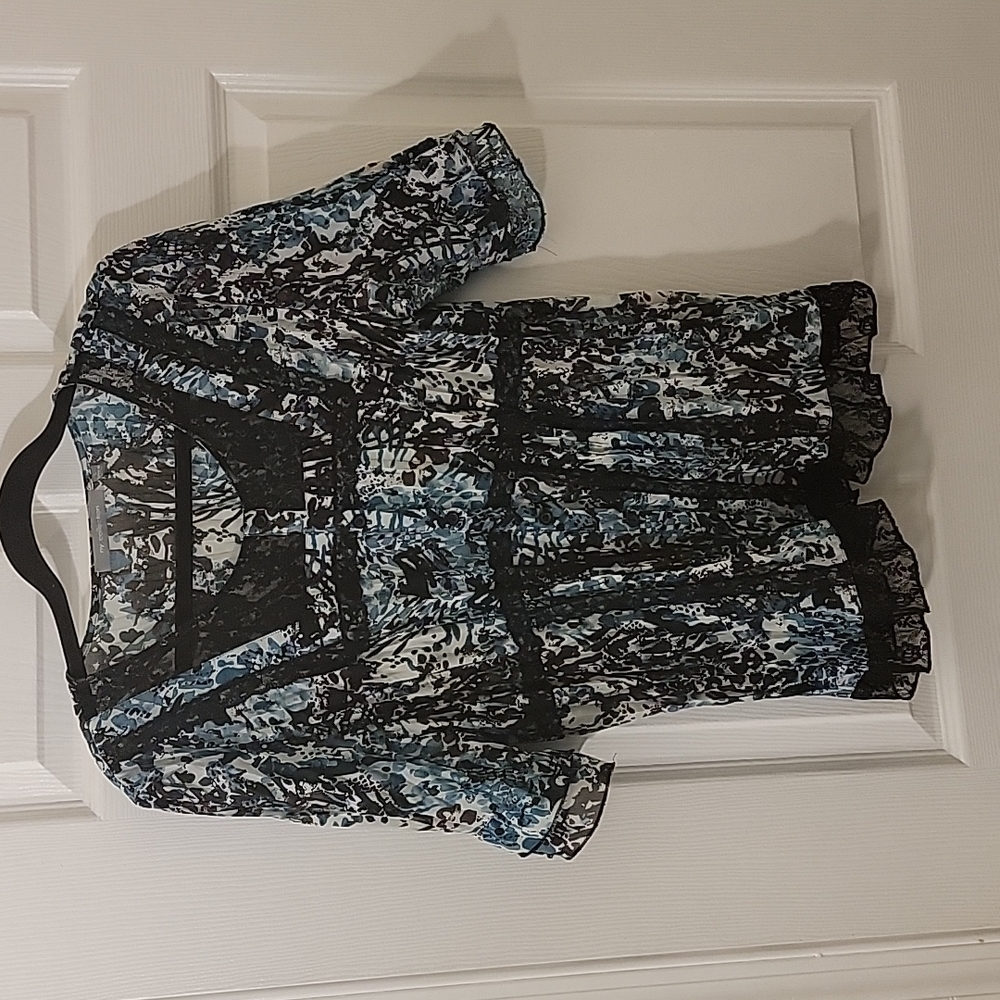 NY Collection Crinkle Lace Sheer Print Top Size L